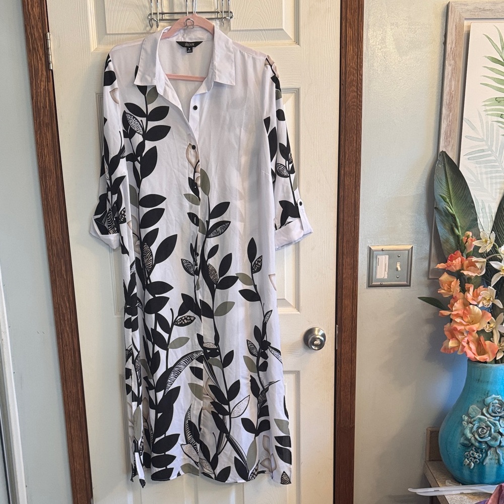Black and White Leaf Print Shirt‎ Dress